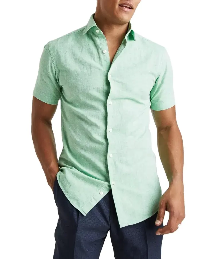 Camisa de lino de cáñamo bordada para hombre, ropa con estampado personalizado, con cuello abotonado, color blanco liso