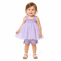 Ensemble deux pièces en tulle violet lavande pour bébés filles, haut smocké à volants, tutu, short bouffant à nœud, tenue d'été pour séance photo d'anniversaire de bébé