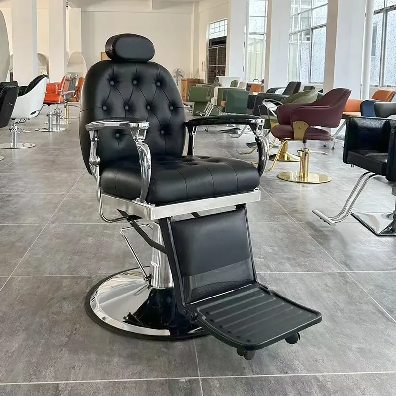 Silla de barbería negra moderna para hombre, silla de barbero reclinable de cuero PU con reposacabezas, sillas de barbero de salón