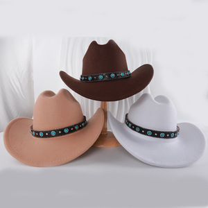 Cowboy <b>Hat</b> Red Felt Wide Brim Turquoise Beaded <b>Band</b> Sun Protection Windproof M56-58cm Fashion Accessory - Product Image 3