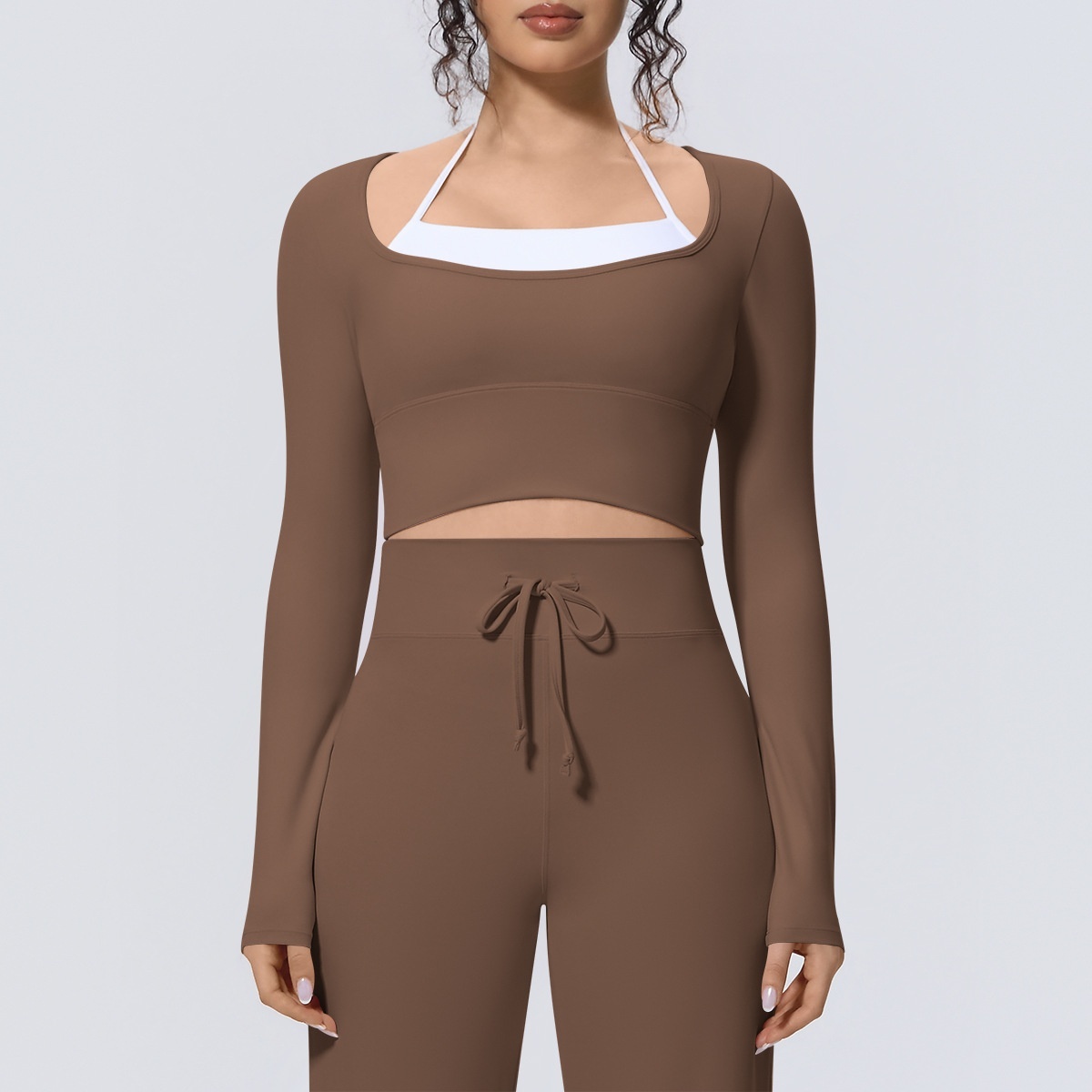 Women's Two-Piece Backless Yoga Long-Sleeve Slim-Fit Breathable Spandex/Nylon Solid Simple Crop T-Shirt Running Sports Top