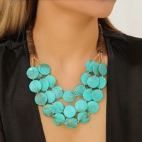 Collier Pendentif Rond Géométrique Exagéré Style Bohème Vintage avec Chaîne Perles Acryliques et Bois pour Femme