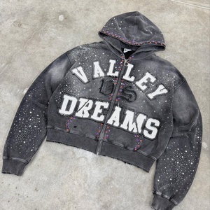 Tùy Chỉnh Hoodies Áo Khoác Dây Kéo Đá Quý Long Lanh Mặt Trời Faded Thêu In Cổ Điển Đau Khổ Axit Rửa Kim Cương Rhinestone Áo - Product Image 1