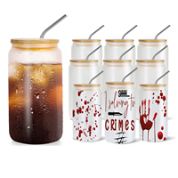 Vente en gros de flans de verre à sublimation avec couvercle en bambou et paille 16 oz gobelets en verre à sublimation givrés pour canette de bière
