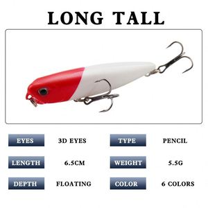 Señuelos flotantes de superficie tipo lápiz con anilla y cuentas para pesca en agua dulce, 6.5 cm/5.5 g, imitación de pez, para marlín y lucio. - Product Image 3