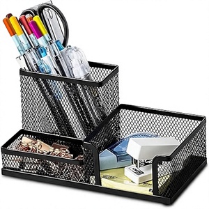 Metal Desk Organizer Square Pen Holder With Mesh Compartment Storage <b>Tray</b> For Office Supplies And Stationery Items - Product Image 3
