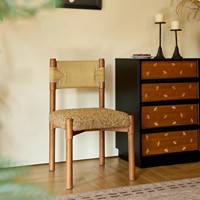 Chaise de salle à manger vintage en bois massif, rembourrée, avec dossier en corde, design confortable et décontracté pour petit appartement ou bureau