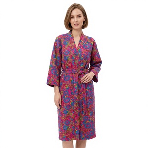 Kimono Maxi Indien Vintage Fait Main Kantha pour Femme, Robe d'Été Florale à Col en V avec Ceinture, 100% Coton 450g, Manches Longues, Séchage Rapide - Product Image 1