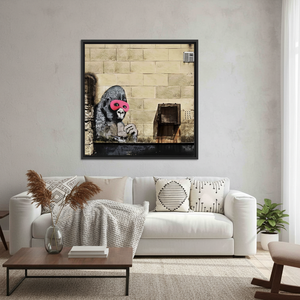 Elegant Banksy Gorilla in Pink Mask Printed Canvas Artwork,<b>BLACK</b> <b>FRAMED</b> CANVAS - Product Image 3
