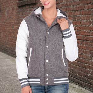 Women's Knitted Wool Windproof Varsity <b>Jacket</b> with <b>Leather</b> Sleeves Hood Winter Baseball Letterman Hoodie - Product Image 2
