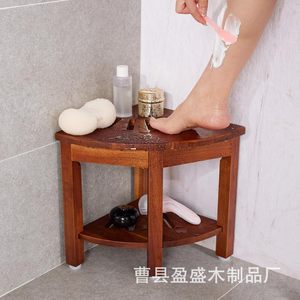 Solid Wood <b>Shower</b> Stool Double Layer <b>Storage</b> Triangular Bathroom Seat With Toiletries <b>Rack</b> Waterproof Design - Product Image 3