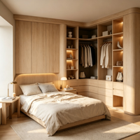 Armoire modulaire en bois massif sur mesure avec coiffeuse intégrée et miroir, design moderne pour hôtel et chambre à coucher