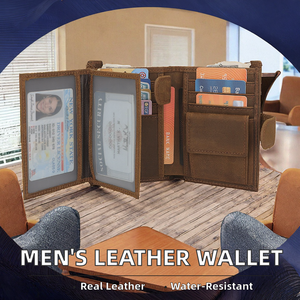 Cartera de cuero genuino vertical larga de estilo Vintage de gama alta para hombre, ranuras abiertas para tarjetas múltiples, poliéster, caramelo, impermeable, diseño Simple - Product Image 3