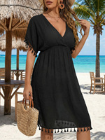 Robe de plage femme nouvelle collection, style patchwork à franges, col en V profond, taille ajustée, cache-maillot de bain