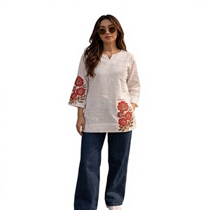 Robe trapèze décontractée bohème pour femme, blanche, brodée de fleurs, infroissable, à manches longues, séchage rapide, longueur midi, pour le quotidien - Product Image 1
