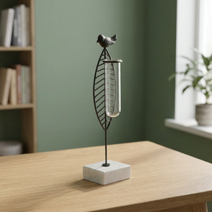 Vase de table moderne en métal avec motif d'oiseau, hauteur 39 cm, noir, porte-fleurs décoratif avec insert en tube de verre - Product Image 5