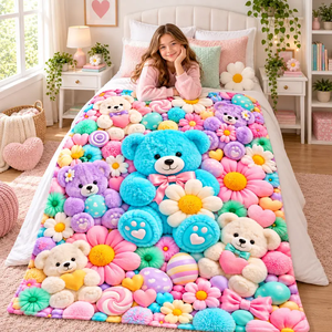 Manta de Franela con Estampado Personalizado de Osito de Peluche Rosa y Corazones de Cereza, para Decoración de Dormitorios y Regalos de Cumpleaños, Venta al Por Mayor - Product Image 3