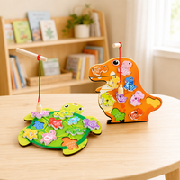 Papan Puzzle Permainan Memancing Magnetik Kayu dengan Katak Dinosaurus, Magnet Ikan, Set Mainan Edukasi Sensorik untuk Balita
