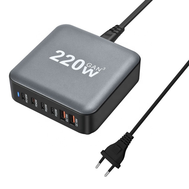 New 220W GaN Desktop Charger Station 6-port Type-C PD 100W Fast Charge Adapter for Laptop QC3.0 USB3.0 Fast HUB Docking Station