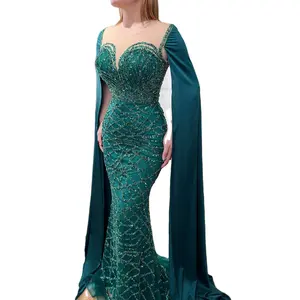 Gaun Malam Formal Bermanik-manik Mewah Lengan Jubah Hijau Serene Hill LA71668 Gaun Pesta Dewi Putri Duyung untuk Wanita