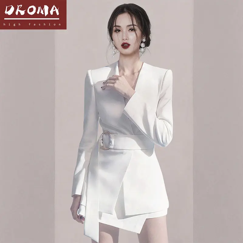 Droma 2021 new design ladies high fashion office elegant slim women business suits and skirts two piece sets with sashes