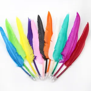 Venta al por mayor a granel largo colorido ala de ganso plumas pluma bolígrafo metal bonito fiesta boda regalo artesanía eventos especiales