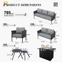 Ensemble de meubles de patio PRUNIA moderne 7 pièces avec table foyer en aluminium de 44 pouces, sièges profonds et coussins épaissis de 6 pouces (gris)