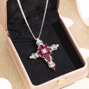 Collar con Colgante de Rubí de Corindón de Laboratorio Esmaltado, Joyería Fina de Plata de Ley, con Baño de Rodio, Estilo Vintage para Fiestas - Product Image 3