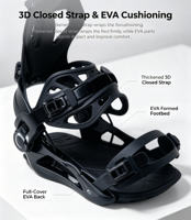 Fixation de snowboard noire Step-on style alpin avec sangle réglable pour entrée rapide, freestyle et tout-terrain