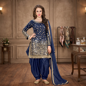 Dhotis de Tafetán de Seda para Mujer, Diseño de Diseñador, Hasta la Rodilla, Semi-Cosidos, Bordado con Espejos, Azul Marino, Secado Rápido, Protección Solar, para Fiestas - Product Image 3