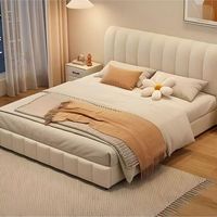 Cama tapizada moderna estilo crema con rayas verticales, base elevable hidráulica con almacenamiento, tamaño doble/king size para dormitorio
