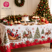 Taplak Meja Natal HuaLai 8ft X 10ft 410g Berbahan Linen dengan Cetakan Santa, Rusa, dan Kereta Salju untuk Pesta Liburan dan Acara di Rumah