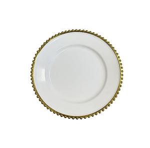 Base blanche <span class=keywords><strong>transparente</strong></span> décorative en plastique de 13 pouces avec bords dorés et plaque à pois nacrés pour plaque de chargeur d'hôtel de mariage - Product Image 1