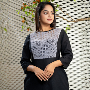 Robe en dentelle noire et grise élégante et luxueuse, ornée de perles, décontractée pour femmes - Product Image 6