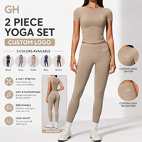 Ensemble de sport personnalisé GH avec logo, pour femme, coupe ajustée, contrôle du ventre, manches courtes, séchage rapide, fitness en plein air, léger, ensemble de yoga