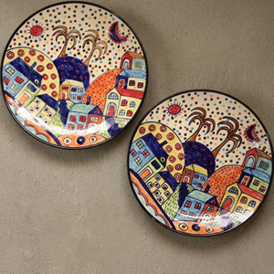 Manteles Redondos de Cerámica Hechos a Mano con Diseño de Pueblo de Dibujos Animados, Decoración de Mesa Estilo Bohemio, 300 mm de Diámetro - Product Image 1