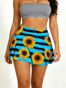 Minifalda de Cintura Alta con Estampado de Girasoles para Mujer, Falda Skater Azul y Negra a Rayas, Estilo Casual para Uso Diario - Product Image 2