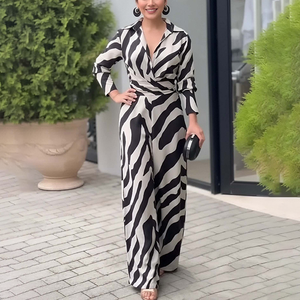 <span class=keywords><strong>Tuta</strong></span> Intera da <span class=keywords><strong>Donna</strong></span> Personalizzata con Stampa Zebrata, Gamba Larga, Collo a Risvolto, Maniche Lunghe, Vita Alta, Trendy per Ufficio e Feste - Product Image 2