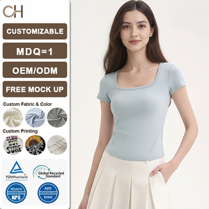 Camiseta de cuello cuadrado para mujer, novedad primavera-verano, <span class=keywords><strong>con</strong></span> almohadillas incorporadas en el pecho, cuello en U grande, hombros en ángulo recto, top básico de manga corta - Product Image 1