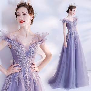 Purple Off Shoulder V Neck Wedding Evening Gown Empire Waistline Tulle Dress For Bride Banquet Party - Product Image 1