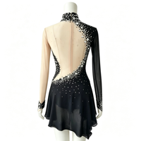 Robe de patinage artistique noire asymétrique à manches longues transparentes avec strass pour enfants et adultes, pour compétitions et spectacles sur glace