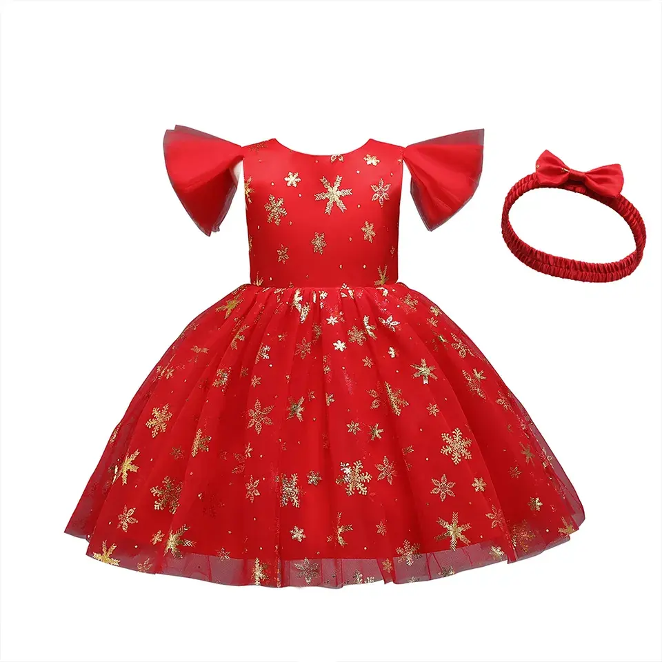 Style occidental rouge noël filles robes de fête bébé flocon de neige robe moelleuse pour petites filles robe d'anniversaire pour 2-10 ans