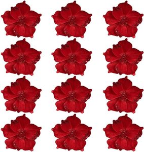 Velvet Artificial Glitter Magnolia Flowers and Poinsettia Ornaments <b>for</b> <b>Christmas</b> <b>Tree</b> 21x24CM Matel <b>Base</b> Home Decoration - Product Image 1