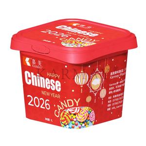 1L 30 ounce <b>Plastic</b> sweet snack chocolate storage Air Tight <b>Container</b> <b>With</b> <b>Lids</b> IML Chinese New year RED square box - Product Image 2