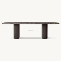 Table de salle à manger rectangulaire en marbre chêne foncé de qualité supérieure, style moderne minimaliste, avec double piétement cannelé, table de banquet artisanale pour hôtel et villa
