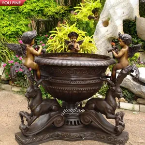 Outdoor Garden Antique Brass Copper Angel Statue Bronze Vase Flower Planter Pot