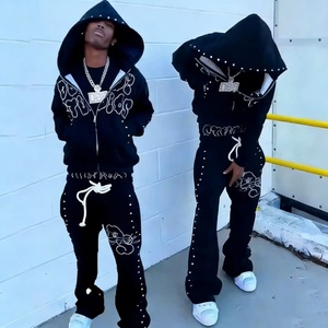 Reverse Embroidery logo Custom Tracksuit Streetwear Vintage Half Zipper Acid Wash <b>Distressed</b> Flared Sweatpants and Hoodie Set - Product Image 1