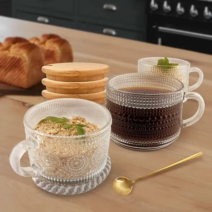 Vintage-Kaffeebecher Übernachtungs-Hafer mit Bambusdeckeln und Löffeln 14 Unzen durchsichtige Glasbecher niedlicher Tee Kaffee Barzubehör