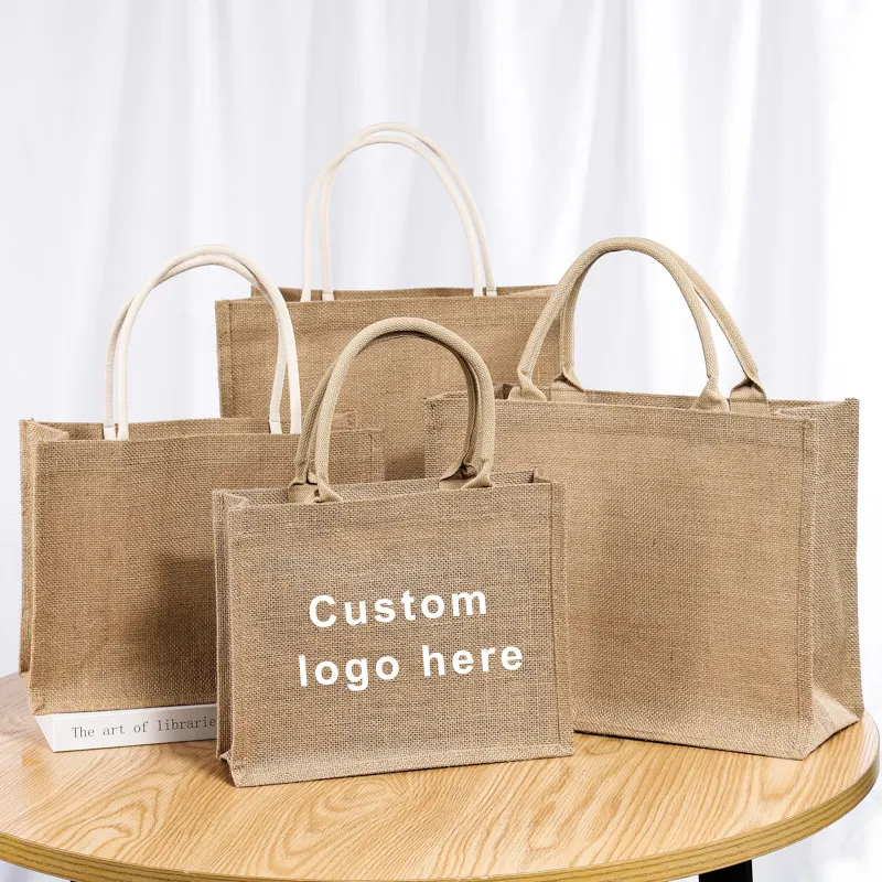 Groothandel Custom Gepersonaliseerde Favor Beach Bruidsmeisjes Bruiloft Hennep Linnen Gecoat Jute Gift Tote Boodschappentassen