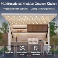 Cocina Exterior Modular Moderna y Móvil con Encimera de Acero Inoxidable, Puerta Acrílica, Refrigerador Multifuncional, Estufa y Campana Extractora